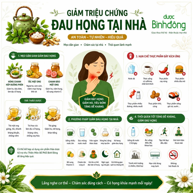 Infographic bốn nhóm giảm đau họng tại nhà: mẹo dân gian, chăm sóc, kiêng thực phẩm và thói quen.