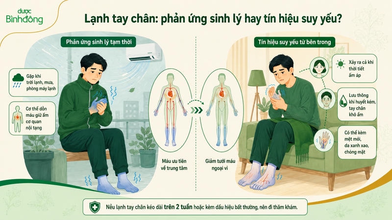 Infographic so sánh lạnh tay chân sinh lý với tình trạng kéo dài kèm dấu hiệu suy yếu bên trong.