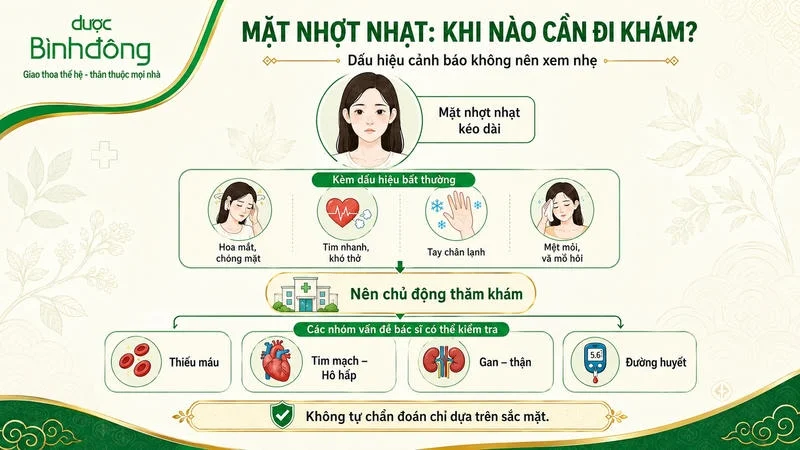 Infographic cho thấy mặt nhợt nhạt kéo dài kèm hoa mắt, khó thở hoặc tay chân lạnh cần thăm khám.