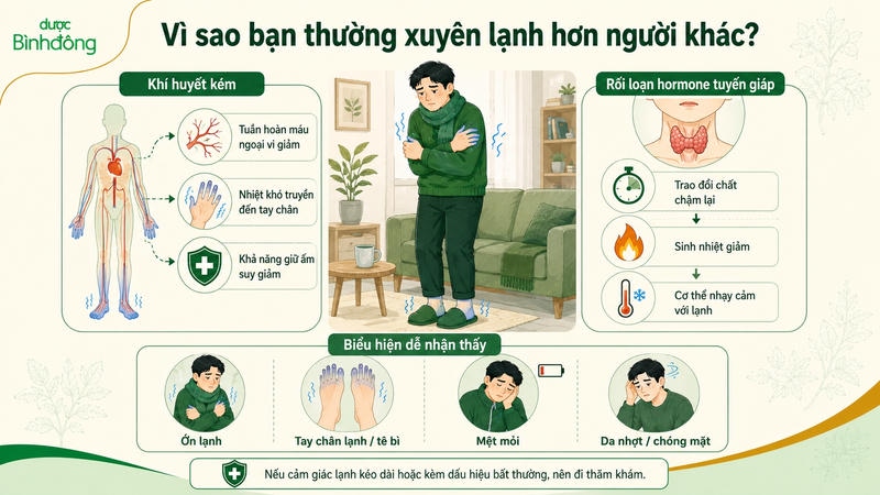 Infographic cho thấy khí huyết kém và rối loạn tuyến giáp làm cơ thể dễ lạnh hơn.