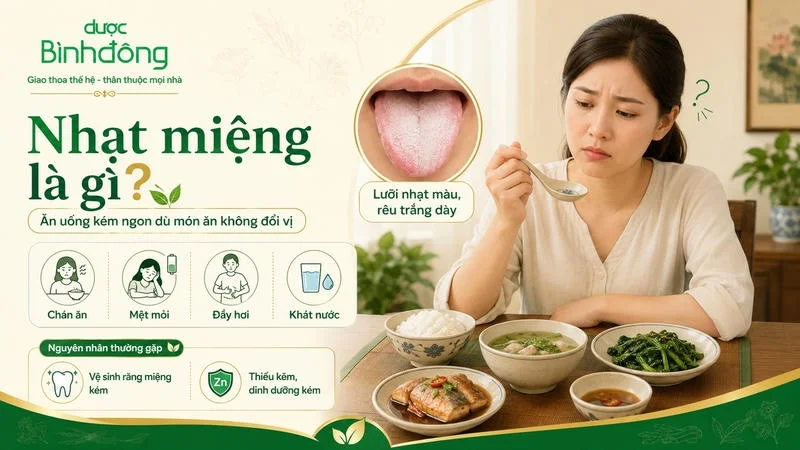 Infographic nhạt miệng mô tả ăn kém ngon, lưỡi rêu trắng, bốn biểu hiện và hai nguyên nhân thường gặp.