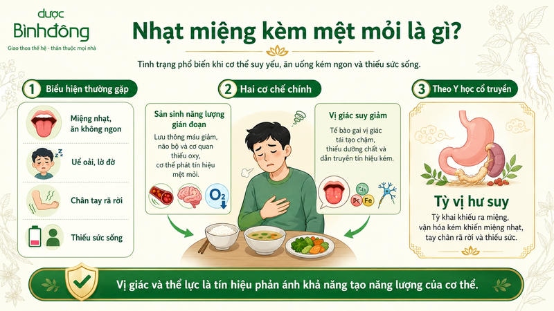 Infographic nhạt miệng kèm mệt mỏi gồm biểu hiện thường gặp, hai cơ chế chính và lý giải theo Đông y.