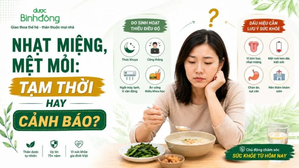 Thumbnail nhạt miệng kèm mệt mỏi, đối chiếu nguyên nhân sinh hoạt với dấu hiệu cần lưu ý sức khỏe.