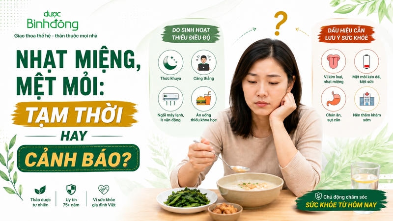 Thumbnail nhạt miệng kèm mệt mỏi, đối chiếu nguyên nhân sinh hoạt với dấu hiệu cần lưu ý sức khỏe.