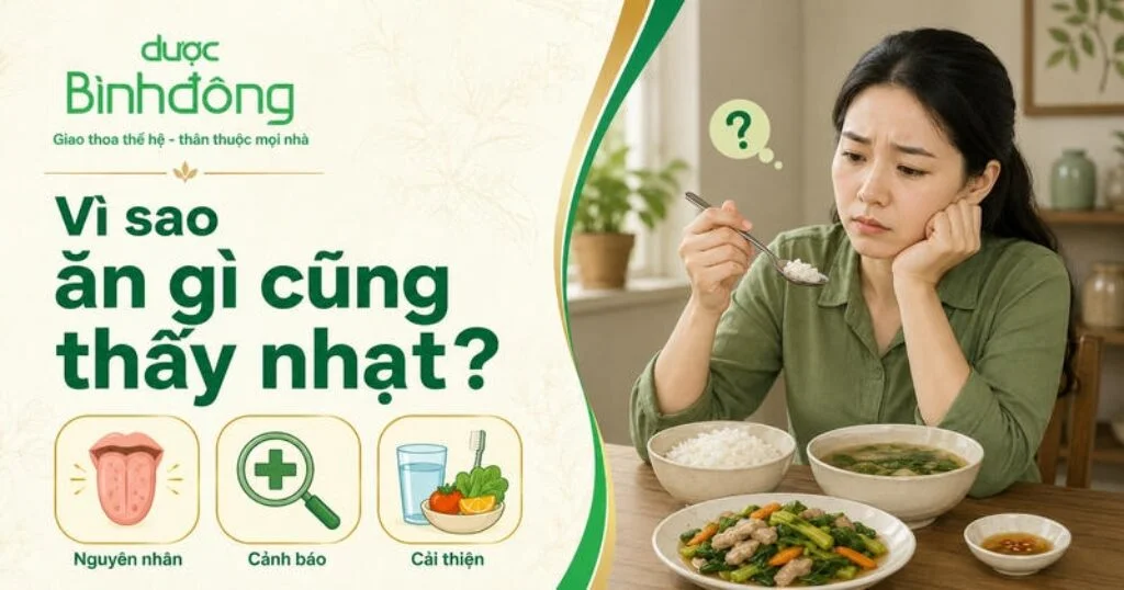 Thumbnail nhạt miệng gồm người cầm muỗng trước bữa ăn và ba nội dung nguyên nhân, cảnh báo, cải thiện.