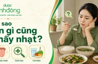 Thumbnail nhạt miệng gồm người cầm muỗng trước bữa ăn và ba nội dung nguyên nhân, cảnh báo, cải thiện.