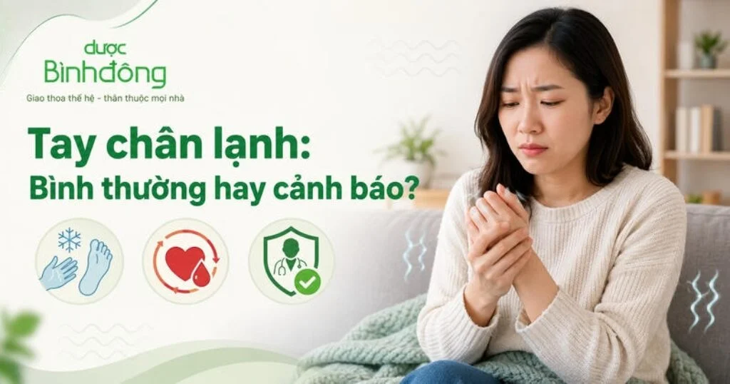 Người phụ nữ xoa hai bàn tay lạnh bên ba biểu tượng về triệu chứng, tuần hoàn máu và thăm khám.