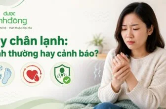 Người phụ nữ xoa hai bàn tay lạnh bên ba biểu tượng về triệu chứng, tuần hoàn máu và thăm khám.