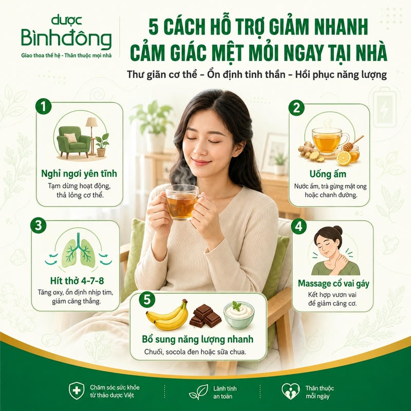 Sơ đồ 5 cách giảm mệt mỏi tại nhà gồm nghỉ ngơi, uống ấm, hít thở, massage và bổ sung năng lượng.