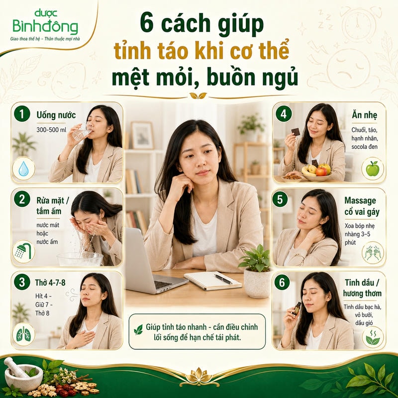 Infographic 6 cách giúp tỉnh táo khi mệt mỏi, buồn ngủ, gồm uống nước, thở 4-7-8, ăn nhẹ và massage.