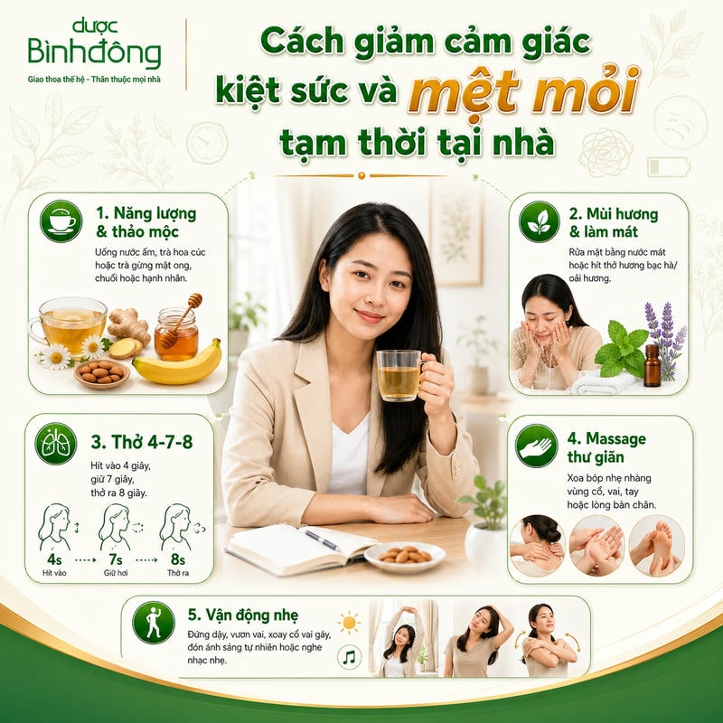 Infographic cách giảm cảm giác kiệt sức và mệt mỏi tạm thời tại nhà, gồm 5 biện pháp hỗ trợ phục hồi nhanh.