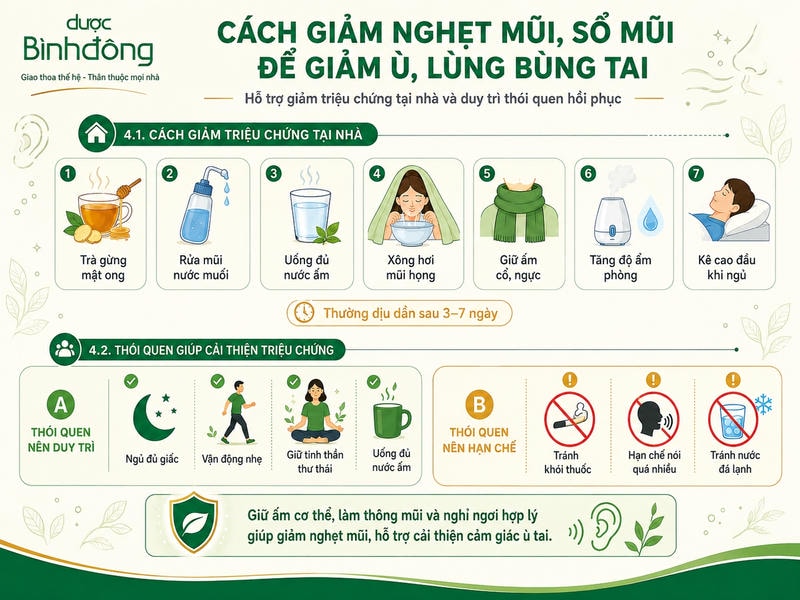 hướng dẫn giảm nghẹt mũi tại nhà và duy trì thói quen phù hợp để hỗ trợ giảm ù tai.