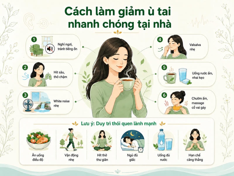Infographic hướng dẫn cách làm giảm ù tai tại nhà với sáu biện pháp hỗ trợ và sáu thói quen lành mạnh nên duy trì.