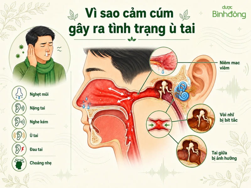 viêm mũi họng làm tắc vòi nhĩ, rối loạn áp suất tai giữa và gây ù tai.