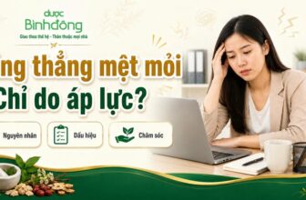 Thumbnail căng thẳng mệt mỏi với người phụ nữ bên laptop, kèm nguyên nhân, dấu hiệu và chăm sóc.
