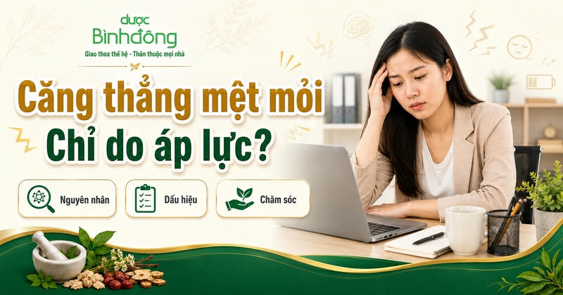 Thumbnail căng thẳng mệt mỏi với người phụ nữ bên laptop, kèm nguyên nhân, dấu hiệu và chăm sóc.