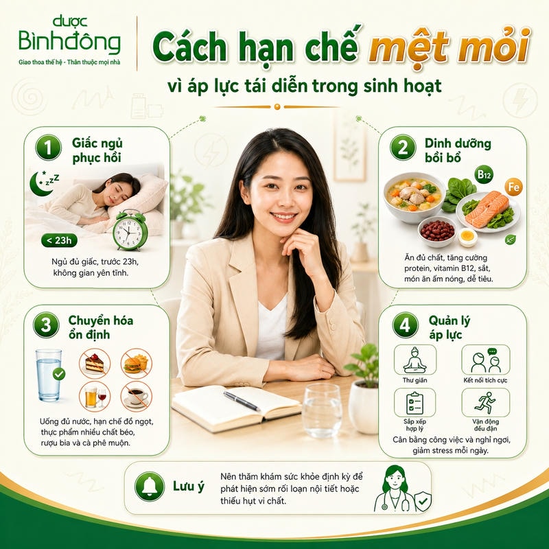 Infographic bốn cách hạn chế mệt mỏi: ngủ phục hồi, dinh dưỡng, chuyển hóa và quản lý áp lực.