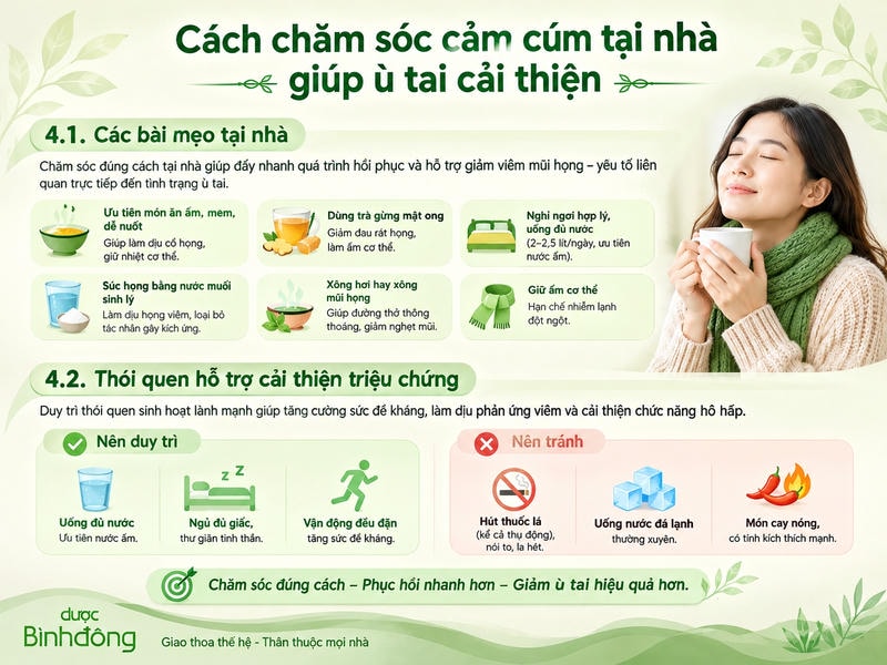 hướng dẫn chăm sóc cảm cúm tại nhà để hỗ trợ giảm ù tai, gồm mẹo tại nhà, thói quen nên duy trì và điều cần tránh.