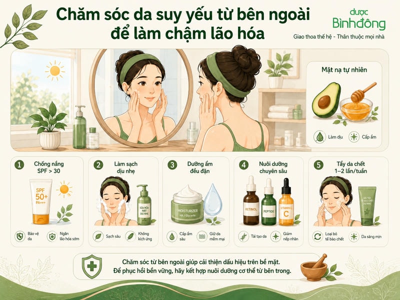 5 bước chăm sóc da suy yếu gồm chống nắng, làm sạch, dưỡng ẩm, nuôi dưỡng và tẩy da chết.
