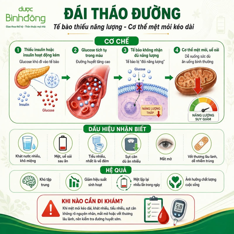 Sơ đồ đái tháo đường cho thấy thiếu insulin làm glucose tích tụ trong máu, khiến tế bào thiếu năng lượng.