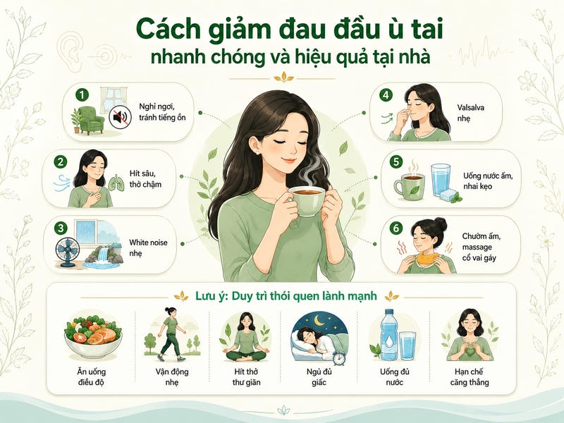 Infographic giảm đau đầu ù tai tại nhà gồm sáu biện pháp hỗ trợ và sáu thói quen lành mạnh.