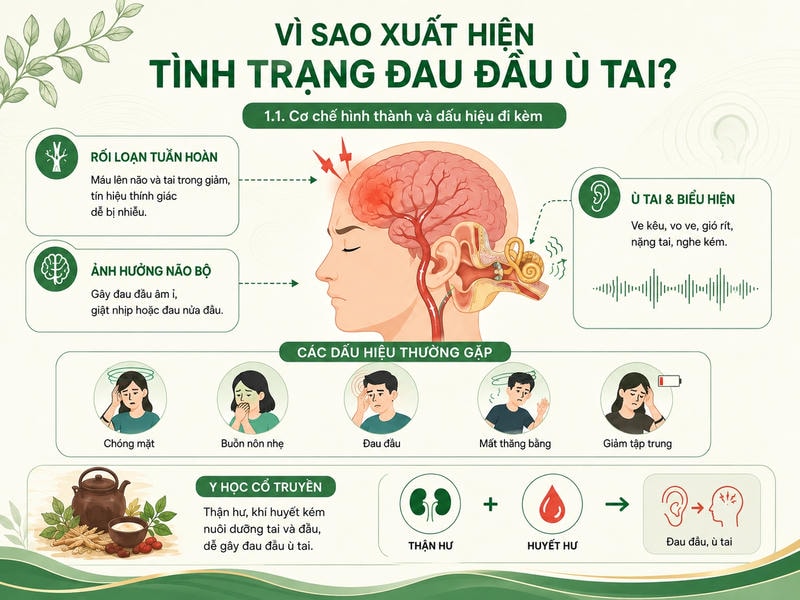 Sơ đồ đau đầu ù tai gồm tuần hoàn, não, triệu chứng và góc nhìn Y học cổ truyền
