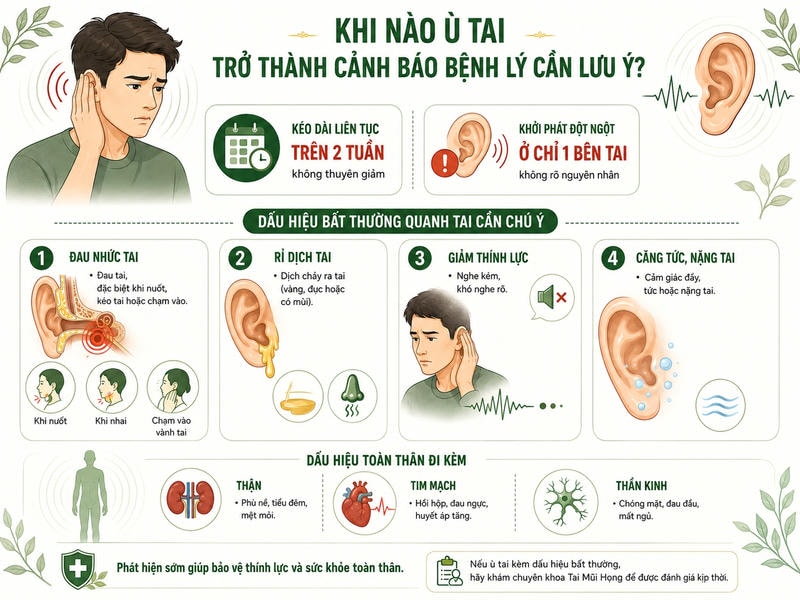 Infographic cho thấy ù tai kéo dài trên hai tuần, xuất hiện một bên hoặc kèm triệu chứng bất thường cần được lưu ý.