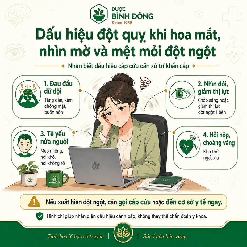 Infographic dấu hiệu đột quỵ minh họa bốn biểu hiện cấp cứu khi hoa mắt, nhìn mờ và mệt mỏi đột ngột.