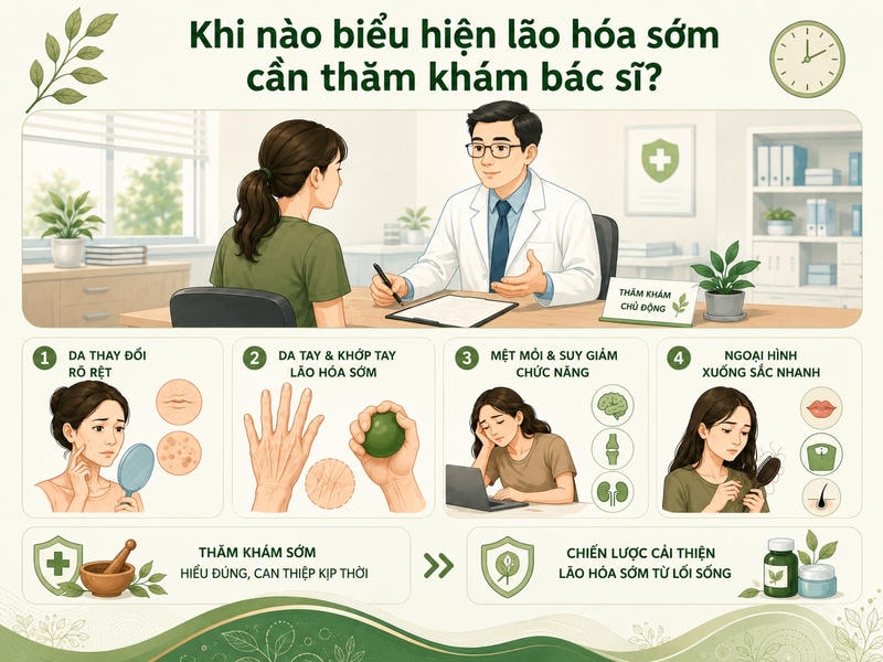 bác sĩ tư vấn cùng bốn nhóm biểu hiện lão hóa sớm cần lưu ý và thăm khám.