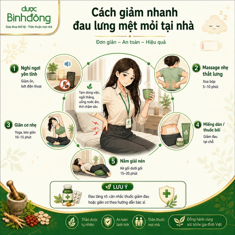 Infographic giảm đau lưng mệt mỏi tại nhà gồm 5 cách chăm sóc và lưu ý dùng thuốc khi triệu chứng tăng rõ.