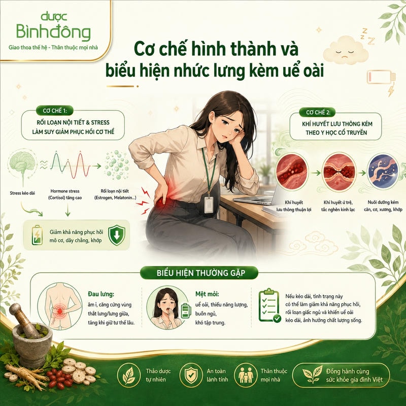 Sơ đồ đau lưng mệt mỏi minh họa hai cơ chế hormone, khí huyết và các biểu hiện thường gặp.