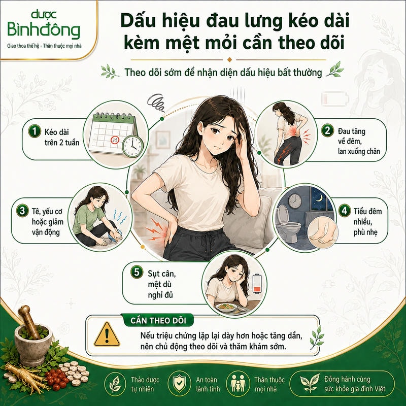 Infographic đau lưng mệt mỏi trình bày 5 dấu hiệu cần theo dõi và khuyến nghị thăm khám sớm.