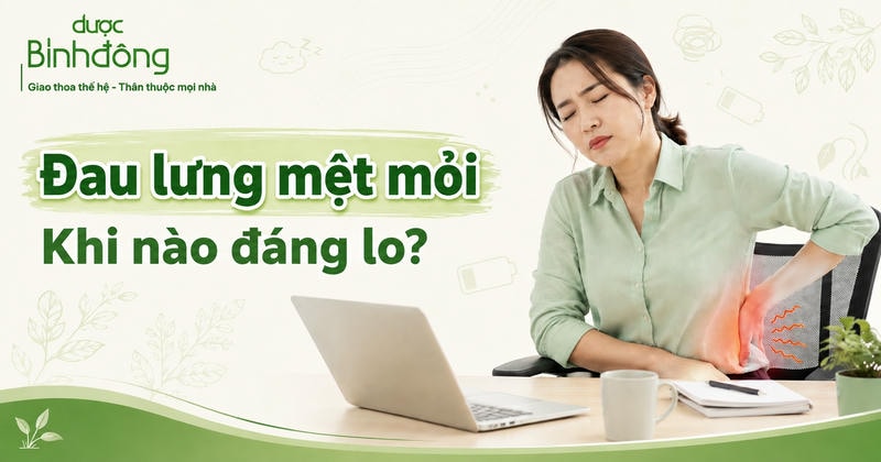 Người phụ nữ ngồi làm việc, một tay giữ thắt lưng với vẻ mệt mỏi. Tiêu đề “Đau lưng mệt mỏi: Khi nào đáng lo?