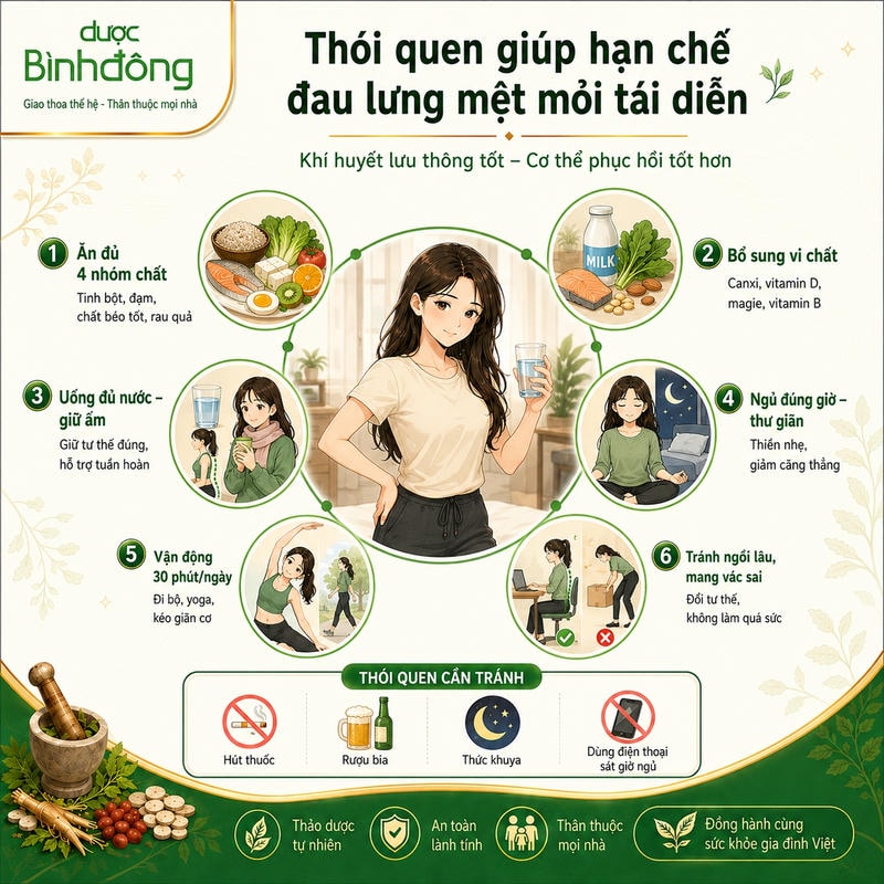 Infographic đau lưng mệt mỏi trình bày 6 thói quen hỗ trợ phục hồi và 4 thói quen cần tránh.