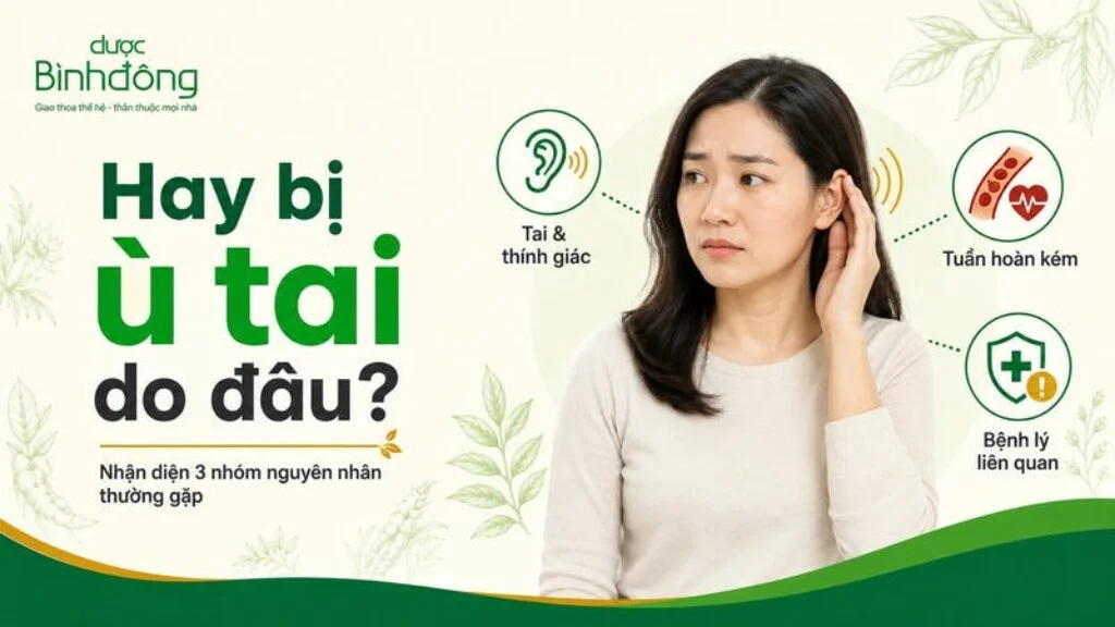 Người phụ nữ chạm tai, xung quanh là ba nhóm nguyên nhân gây ù tai