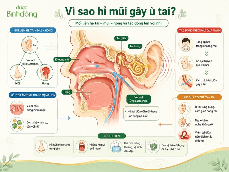 Sơ đồ tai–mũi–họng cho thấy hỉ mũi mạnh làm tăng áp lực qua vòi nhĩ, gây ù tai.