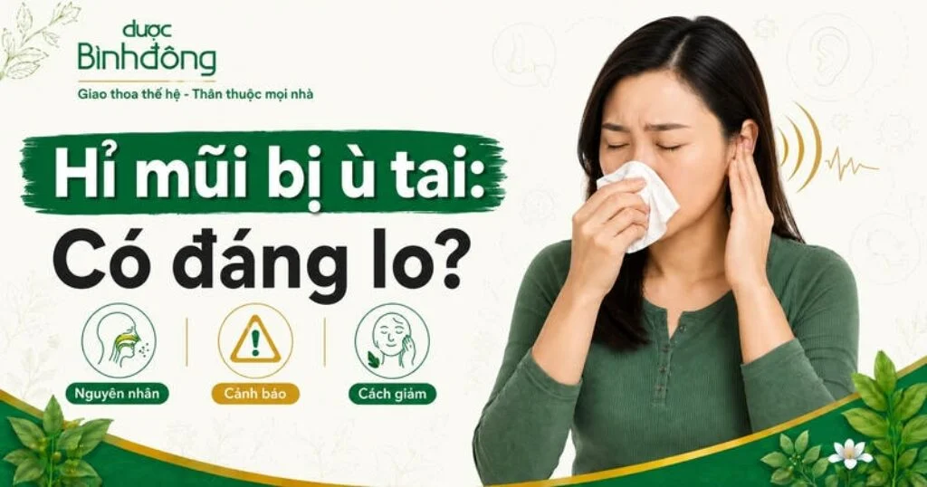 Thumbnail minh họa phụ nữ Việt đang hỉ mũi và ôm tai. Ảnh nhấn 3 nội dung: nguyên nhân, cảnh báo và cách giảm.