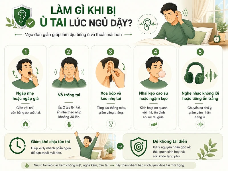 hướng dẫn năm cách làm dịu ù tai khi ngủ dậy gồm ngáp nhẹ, vỗ trống tai, xoa bóp tai, nhai kẹo và nghe âm thanh nhẹ.