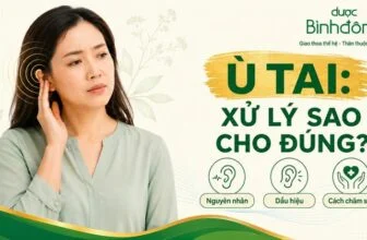 Người chạm nhẹ vào tai với các vòng sóng biểu thị ù tai, kèm ba mục nguyên nhân, dấu hiệu và cách chăm sóc.