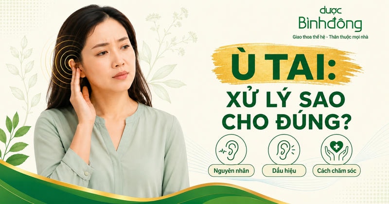 Người chạm nhẹ vào tai với các vòng sóng biểu thị ù tai, kèm ba mục nguyên nhân, dấu hiệu và cách chăm sóc.