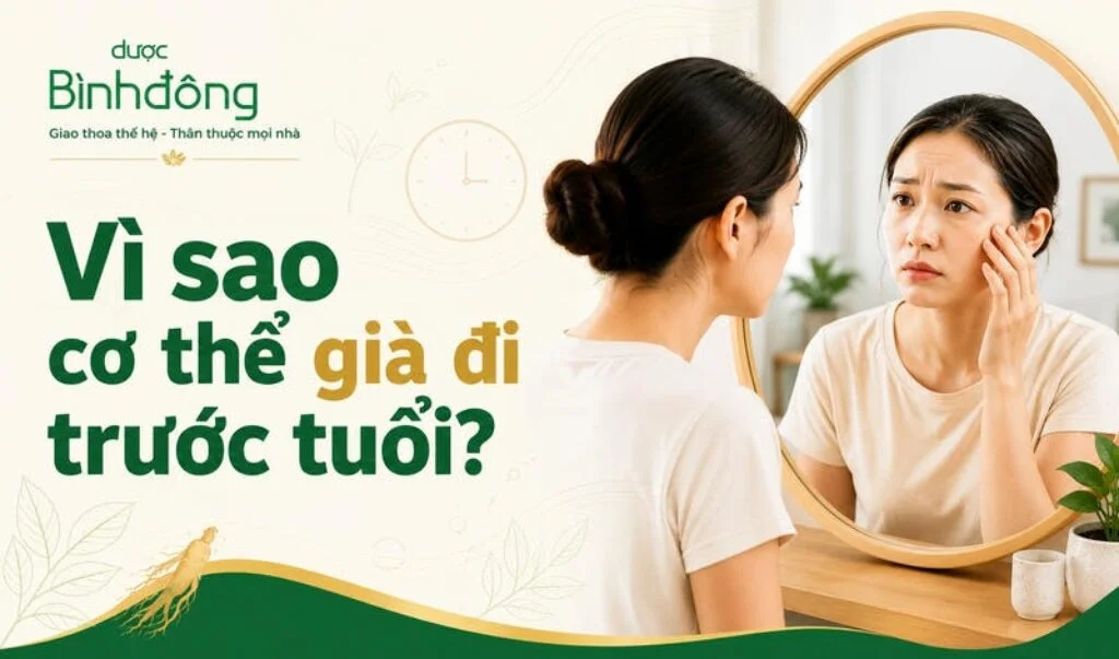 Người phụ nữ soi gương và chạm vùng má với vẻ lo lắng. Tiêu đề: Vì sao cơ thể già đi trước tuổi?