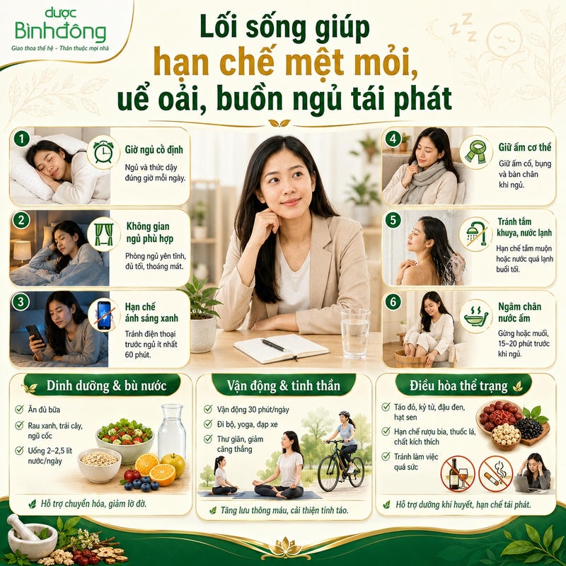 Infographic lối sống giúp hạn chế mệt mỏi, uể oải, buồn ngủ tái phát, gồm 6 thói quen ngủ và 3 nhóm chăm sóc hằng ngày.