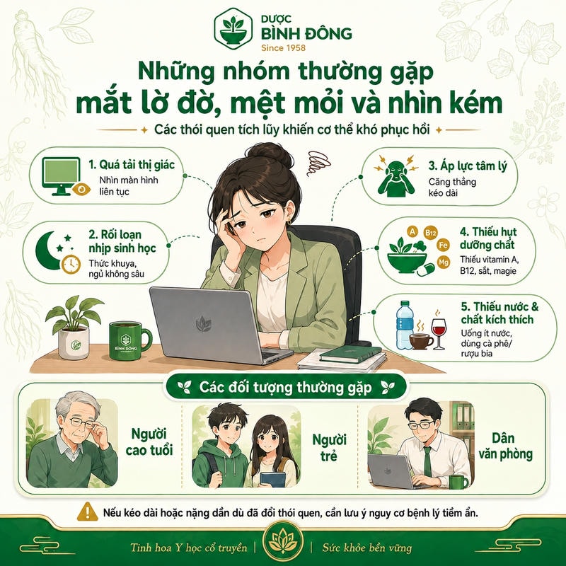 Infographic mắt lờ đờ mệt mỏi minh họa năm thói quen tích lũy và ba nhóm đối tượng thường gặp