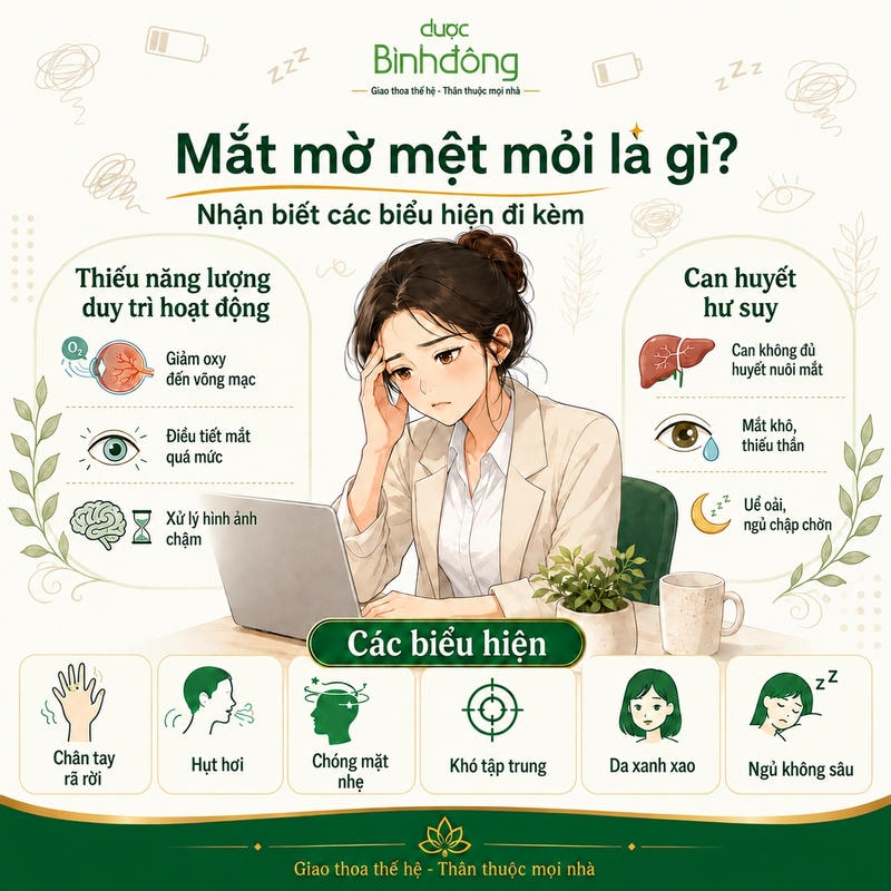 Infographic mắt mờ mệt mỏi cho thấy hai cơ chế chính và các biểu hiện toàn thân thường đi kèm.