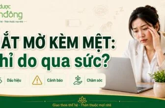 Thumbnail mắt mờ kèm mệt gồm người làm việc trước laptop và ba mục Dấu hiệu, Cảnh báo, Chăm sóc.