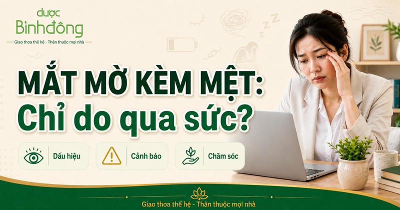 Thumbnail mắt mờ kèm mệt gồm người làm việc trước laptop và ba mục Dấu hiệu, Cảnh báo, Chăm sóc.