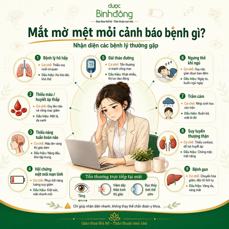 Infographic mắt mờ mệt mỏi minh họa chín nhóm bệnh lý và ba tổn thương trực tiếp tại mắt.