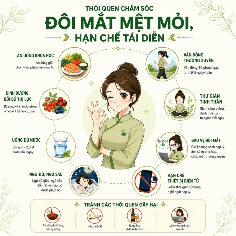 Infographic chăm sóc mắt mệt mỏi minh họa tám thói quen phục hồi và bốn thói quen cần tránh.