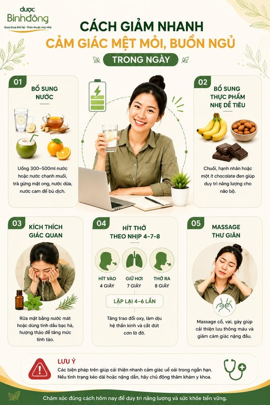 Infographic minh họa 5 cách giảm mệt mỏi buồn ngủ gồm uống nước, ăn nhẹ, rửa mặt, hít thở và massage