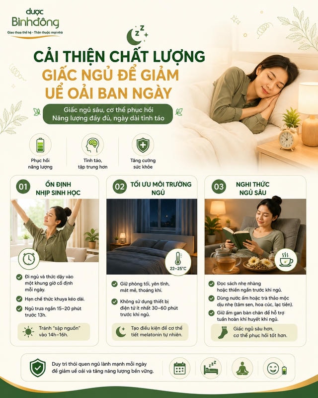 Infographic minh họa ba cách cải thiện giấc ngủ gồm ổn định nhịp sinh học, tối ưu phòng ngủ và nghi thức trước ngủ.